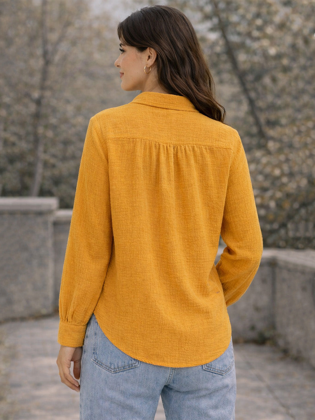 Women’s Crinkle Muslin Shirt | Lightweight Button-Down Casual Yellow Shirt with Collar & Full Sleeves