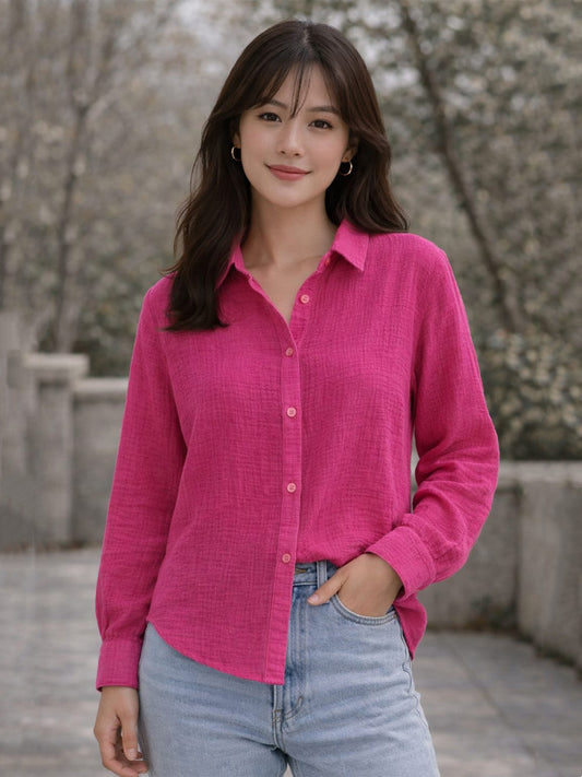Women’s Crinkle Muslin Shirt | Lightweight Button-Down Casual Solid Pink Shirt with Collar & Full Sleeves