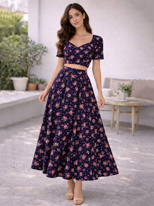 Women’s Navy Floral Print Viscose Rayon Top & Skirt Set | Sweetheart Neck Crop Top with Flared Midi Skirt