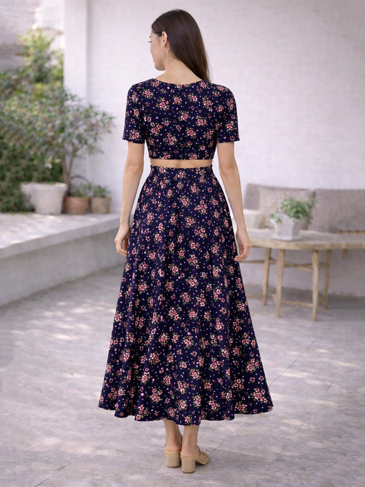 Women’s Navy Floral Print Viscose Rayon Top & Skirt Set | Sweetheart Neck Crop Top with Flared Midi Skirt