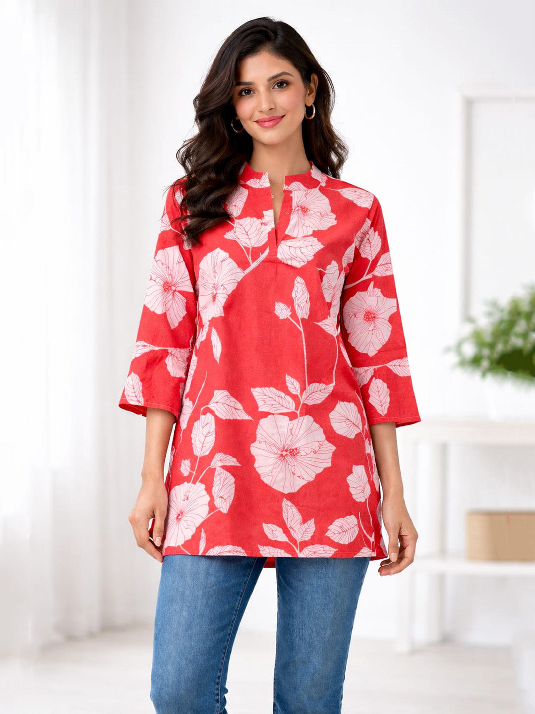 Women’s Red Floral Print Viscose Rayon Fit & Flare Short Kurti