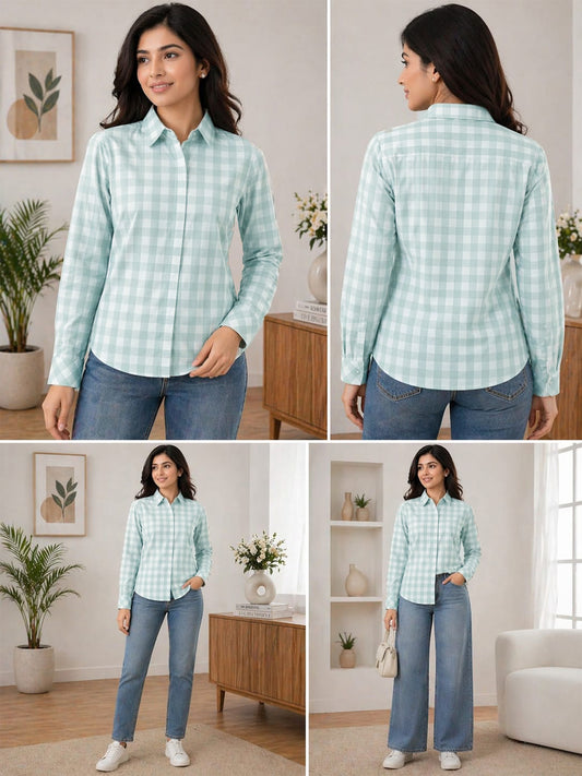 Women’s Checked Cotton Shirt | Classic Gingham Button-Down Casual Shirt with Collar & Full Sleeves