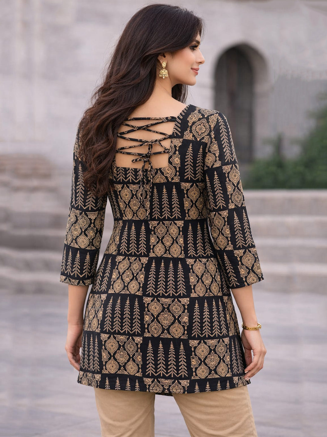 Black Printed Cotton Short Kurti | Notched Neck with Tie-Up Back Detail