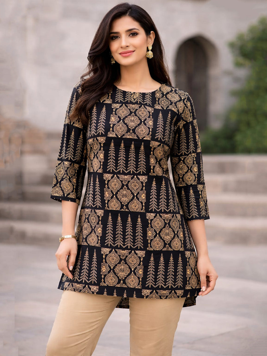 Black Printed Cotton Short Kurti | Notched Neck with Tie-Up Back Detail