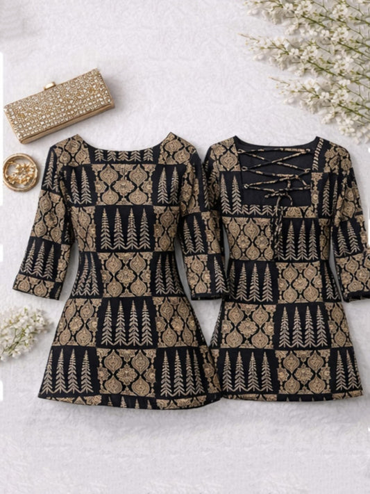 Black Printed Cotton Short Kurti | Notched Neck with Tie-Up Back Detail