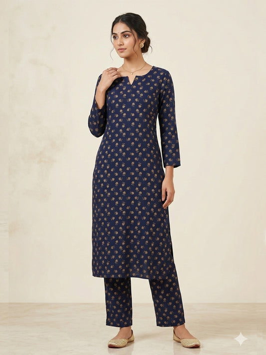 Blue Block Print Rayon Co-Ord Set | Straight Kurti with Notched Neck & Straight Pants