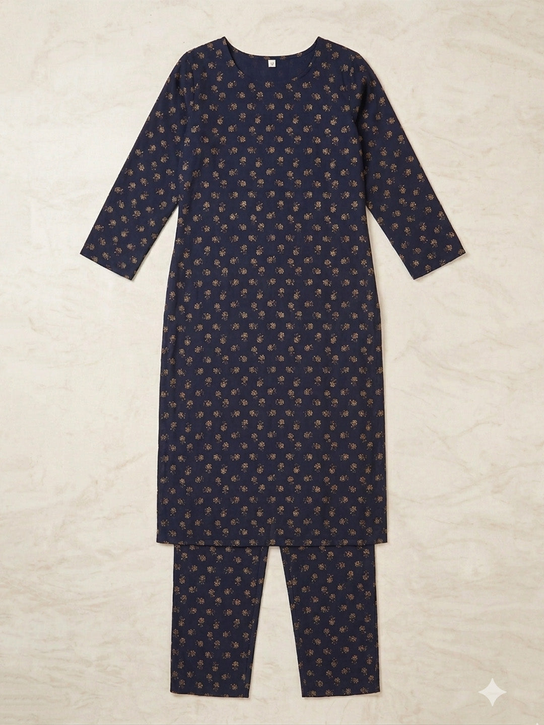 Blue Block Print Rayon Co-Ord Set | Straight Kurti with Notched Neck & Straight Pants