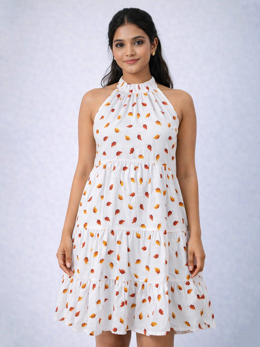 White Leaf Printed Cotton Blend Tiered Dress | Halter Neck Dress with Tie-Up Back