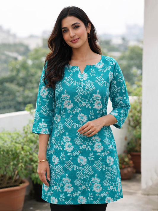 Blue Floral Cotton Short Kurti | Notched Neck & Tie-Up Back Detail