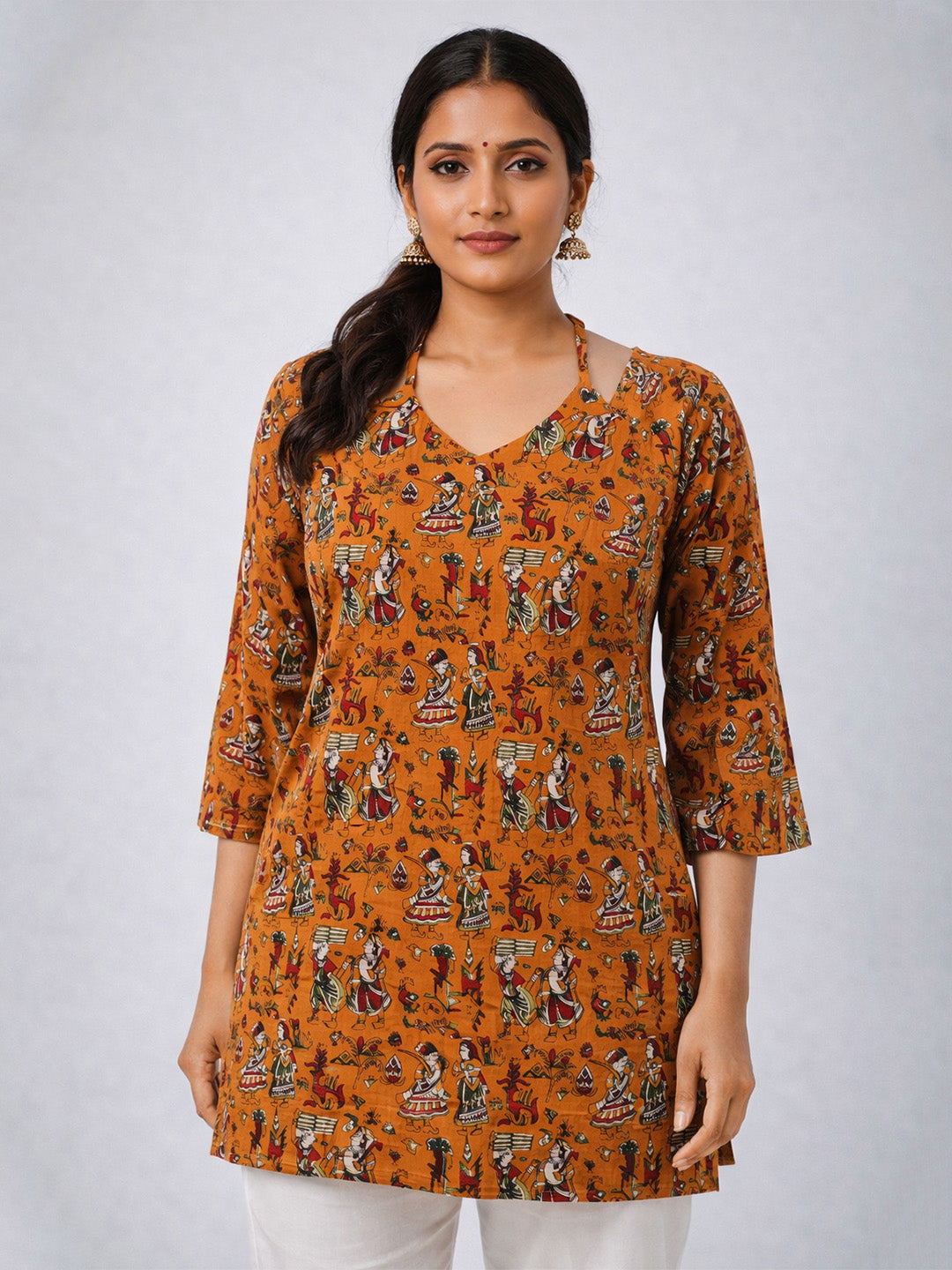 Mustard Folk Printed Cotton Short Kurti | Tie-Up V Neck with Mid Sleeves