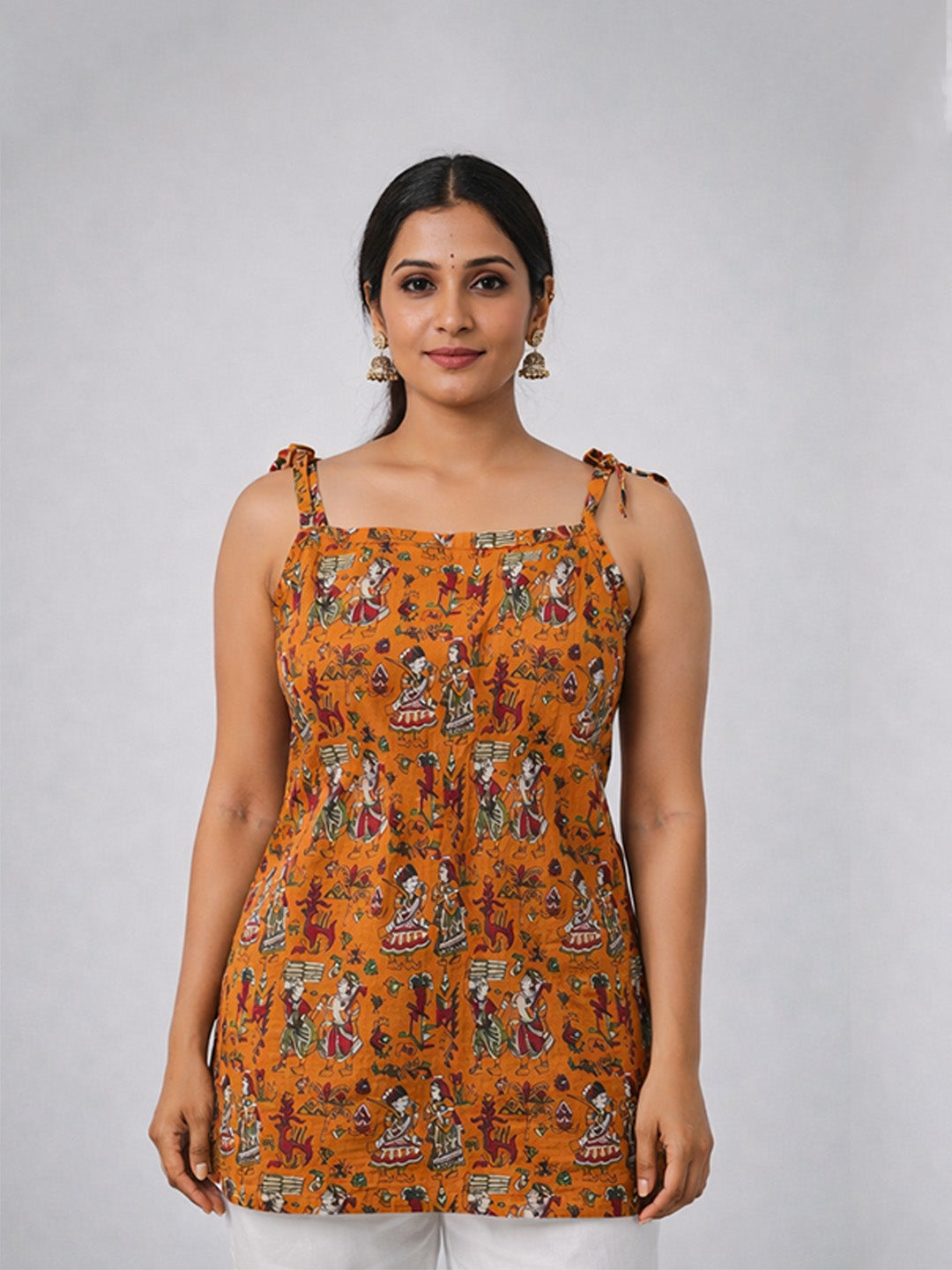 Mustard Ethnic Printed Cotton Short Dress | Sleeveless Dress with Tie-Up Shoulder Straps