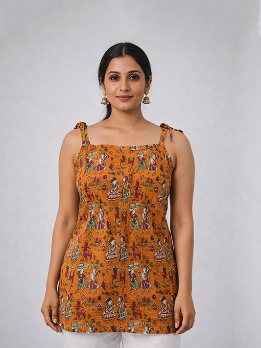 Mustard Ethnic Printed Cotton Short Dress | Sleeveless Dress with Tie-Up Shoulder Straps