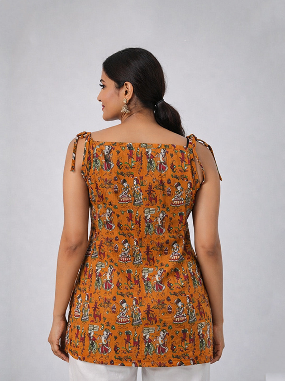 Mustard Ethnic Printed Cotton Short Dress | Sleeveless Dress with Tie-Up Shoulder Straps