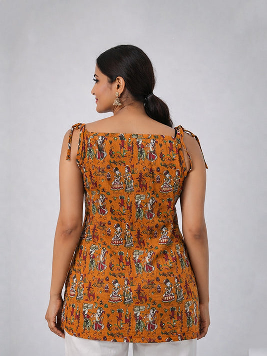 Mustard Ethnic Printed Cotton Short Dress | Sleeveless Dress with Tie-Up Shoulder Straps