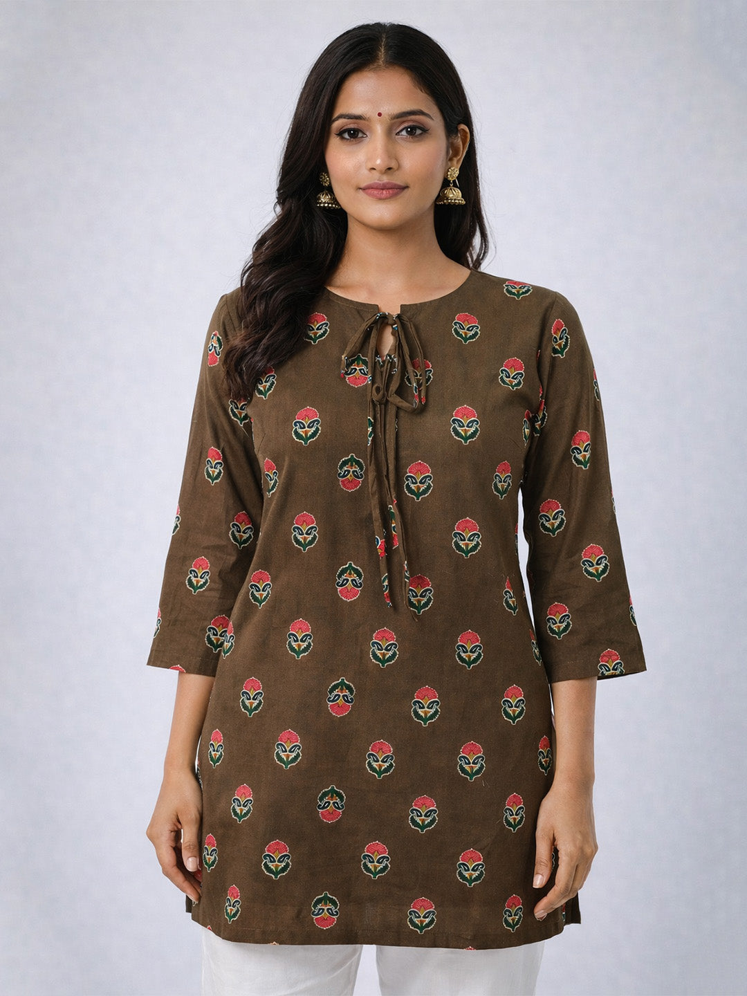 Green Block Printed Cotton Short Kurti | Straight Fit Kurti with Tie-Up Neck & Mid Sleeves