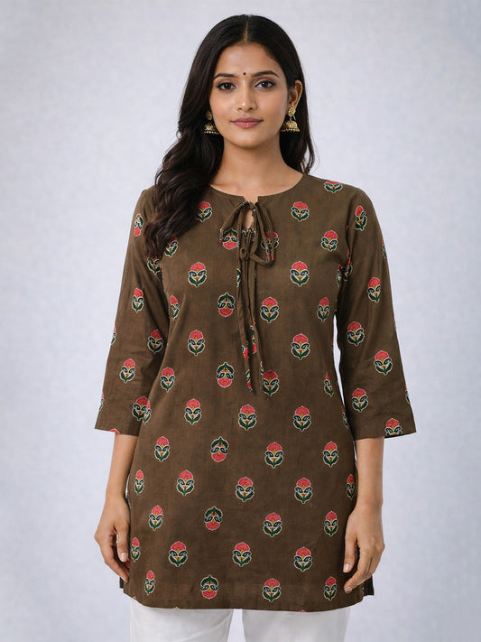 Green Block Printed Cotton Short Kurti | Straight Fit Kurti with Tie-Up Neck & Mid Sleeves