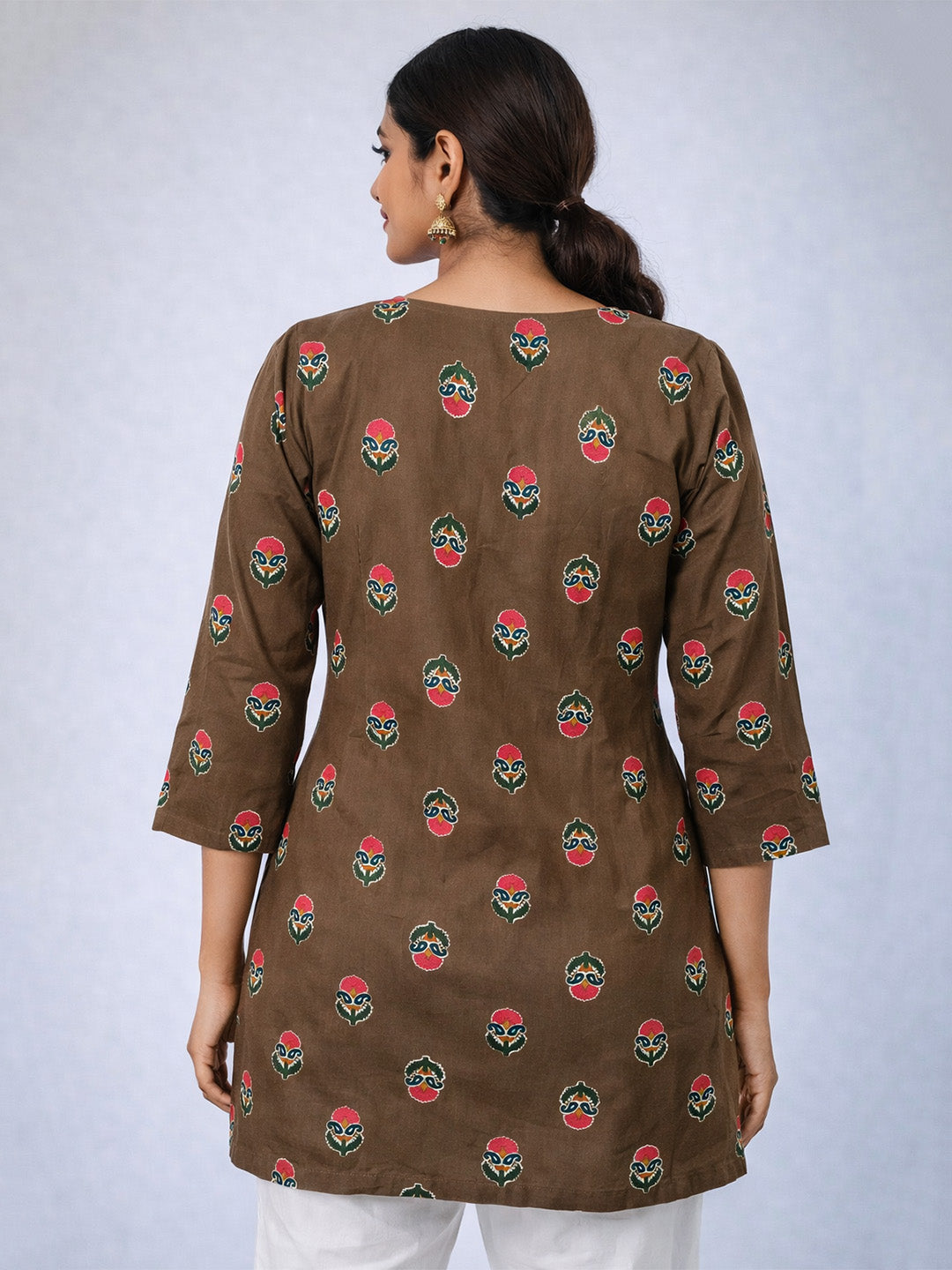 Green Block Printed Cotton Short Kurti | Straight Fit Kurti with Tie-Up Neck & Mid Sleeves