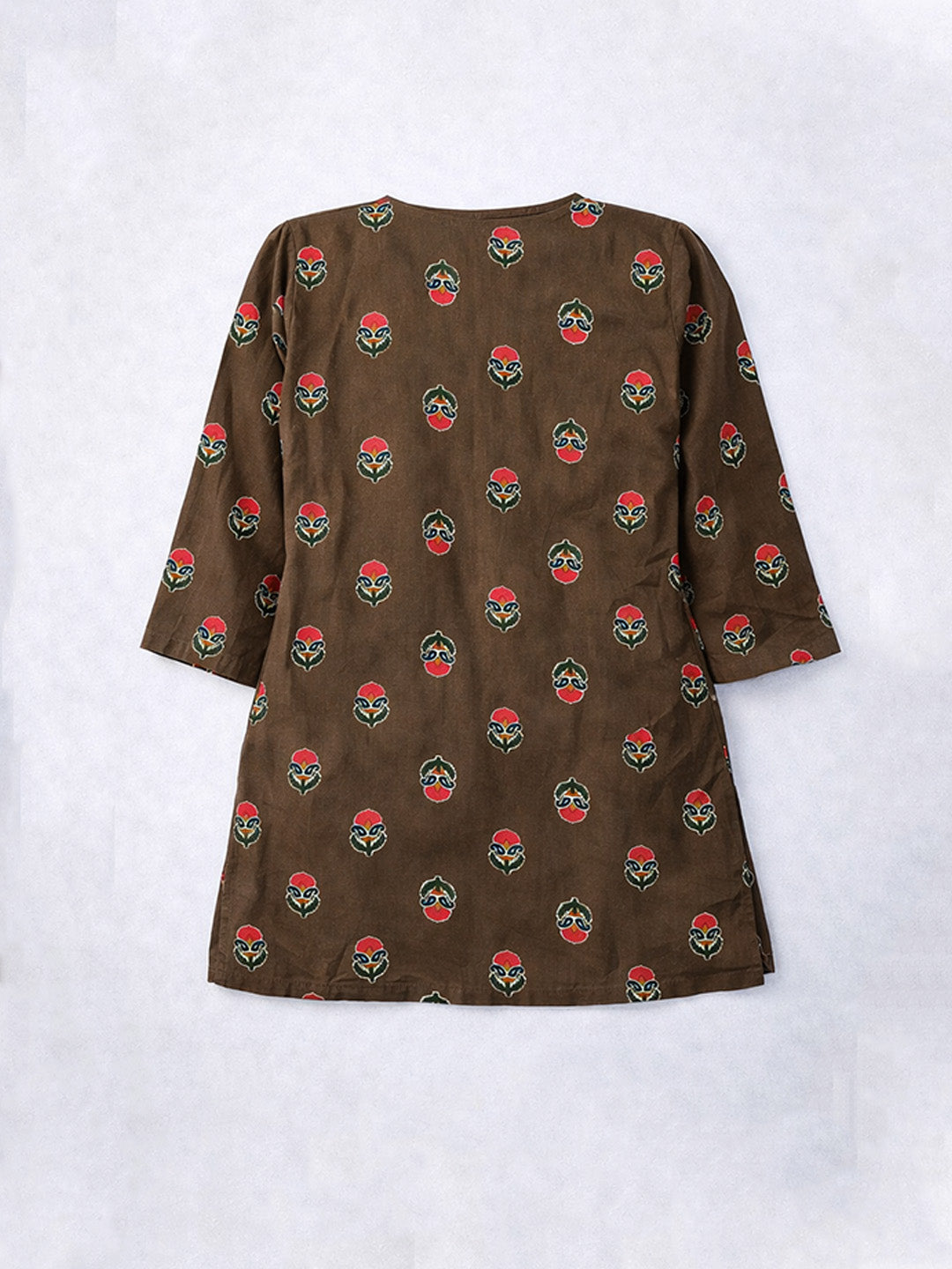 Green Block Printed Cotton Short Kurti | Straight Fit Kurti with Tie-Up Neck & Mid Sleeves