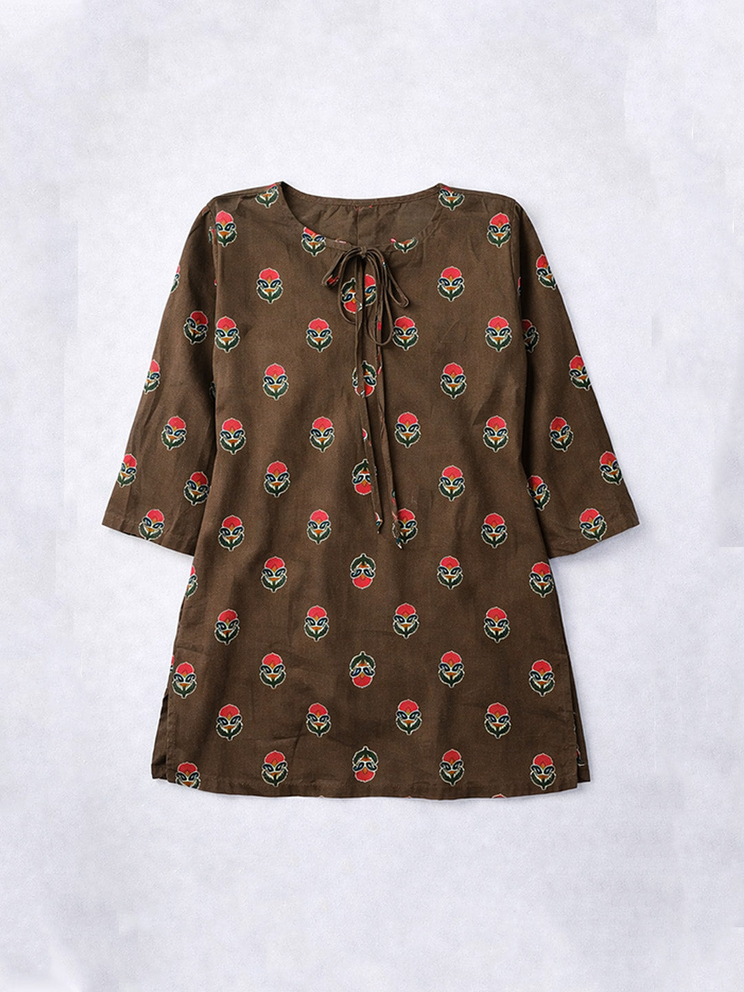 Green Block Printed Cotton Short Kurti | Straight Fit Kurti with Tie-Up Neck & Mid Sleeves