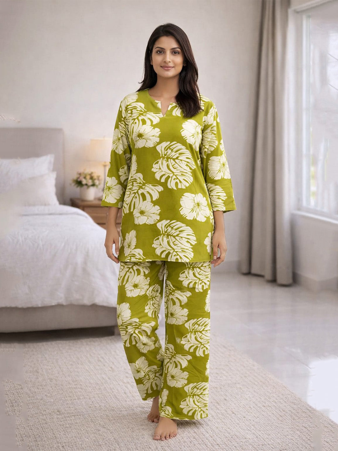 Green Botanical Printed Rayon Co-Ord Set | A-Line Kurti Top with Broad-Leg Pants