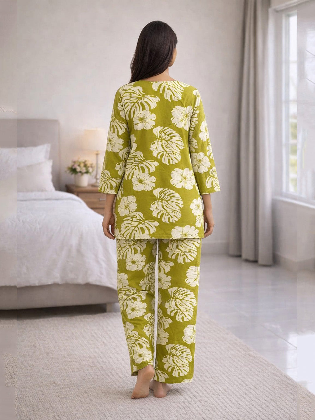 Green Botanical Printed Rayon Co-Ord Set | A-Line Kurti Top with Broad-Leg Pants