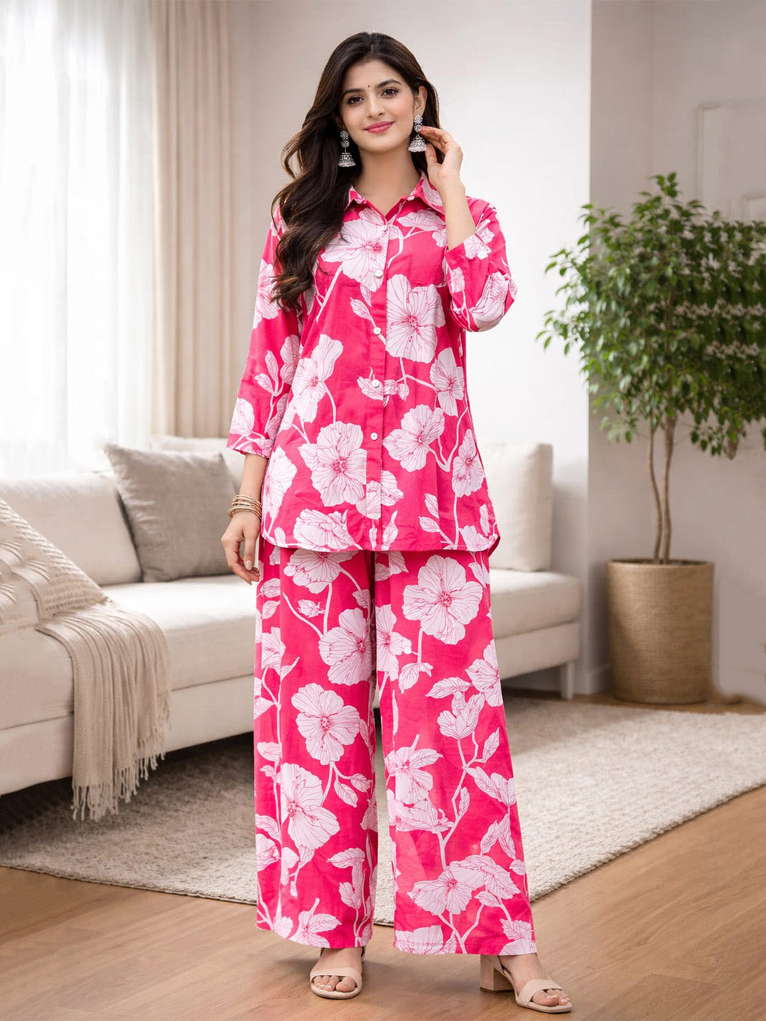 Women’s Red Floral Printed A-Line Co-Ord Set | Kurti with Broad-Leg Bottoms