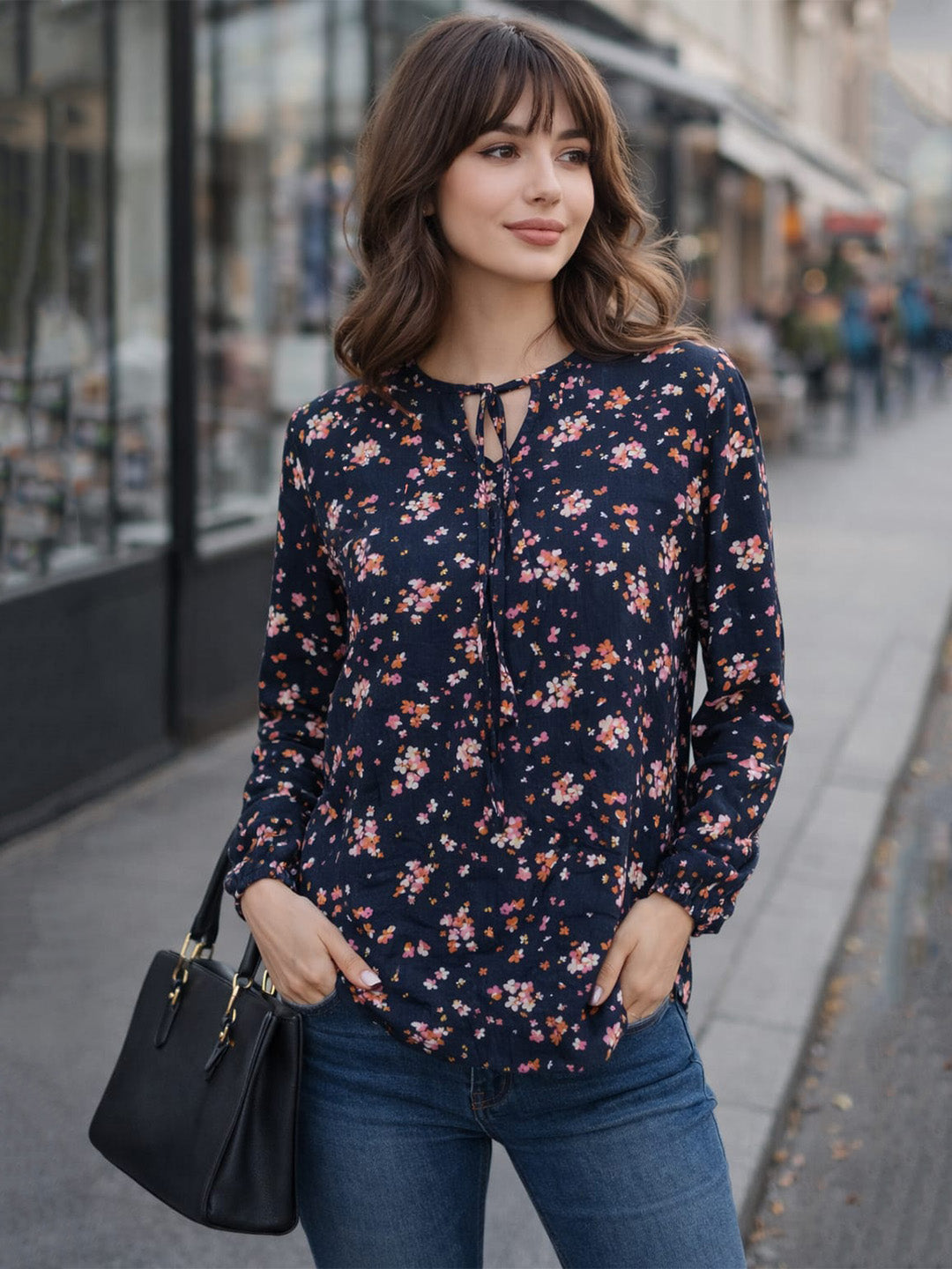Women’s Navy Floral Print Viscose Rayon Top | Long Sleeve Casual Blouse with Tie-Up Neck