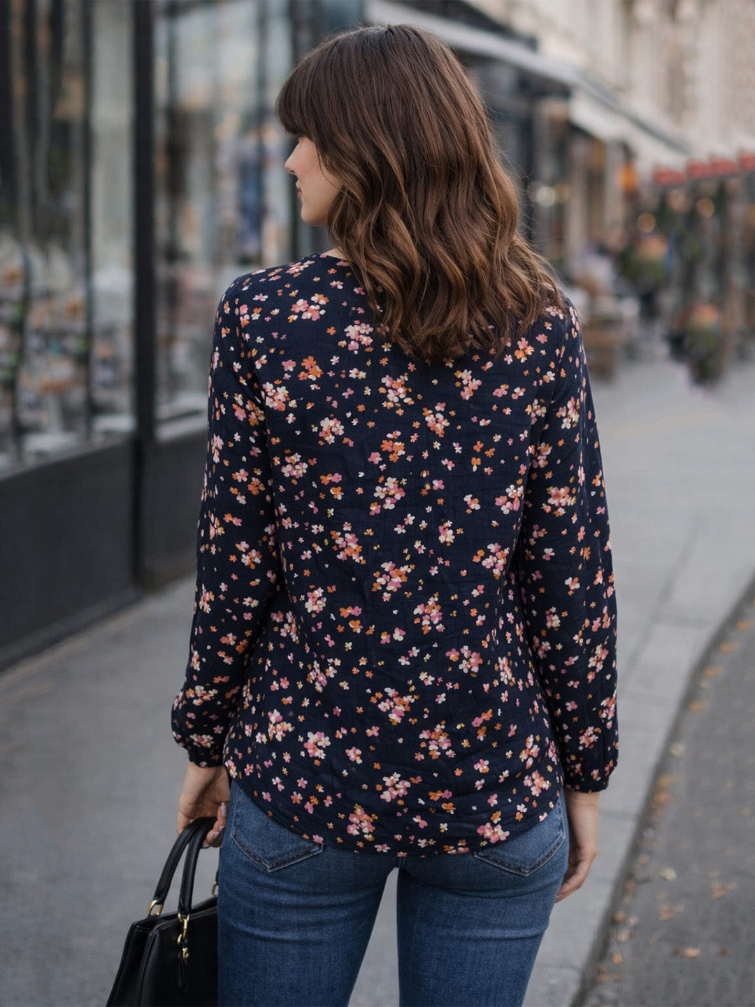 Women’s Navy Floral Print Viscose Rayon Top | Long Sleeve Casual Blouse with Tie-Up Neck