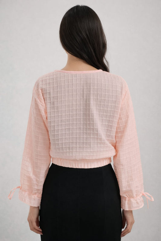 Women’s Peach Textured Viscose Rayon Top | Long Sleeve Blouson Top with Tie-Up Neck & Elastic Waist