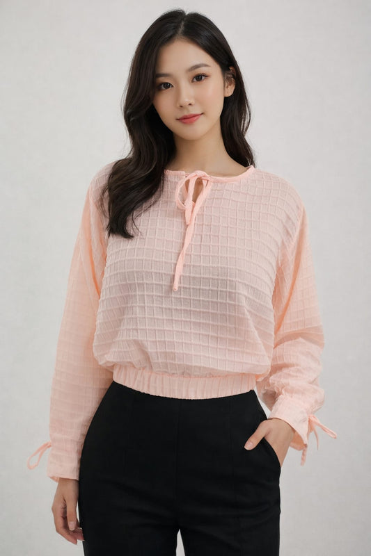 Women’s Peach Textured Viscose Rayon Top | Long Sleeve Blouson Top with Tie-Up Neck & Elastic Waist