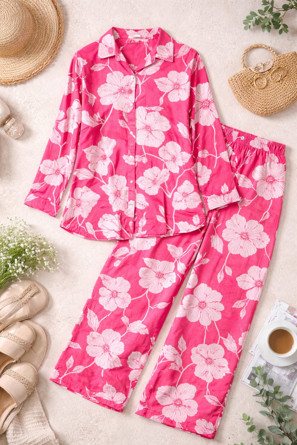 Women’s Red Floral Printed A-Line Co-Ord Set | Kurti with Broad-Leg Bottoms