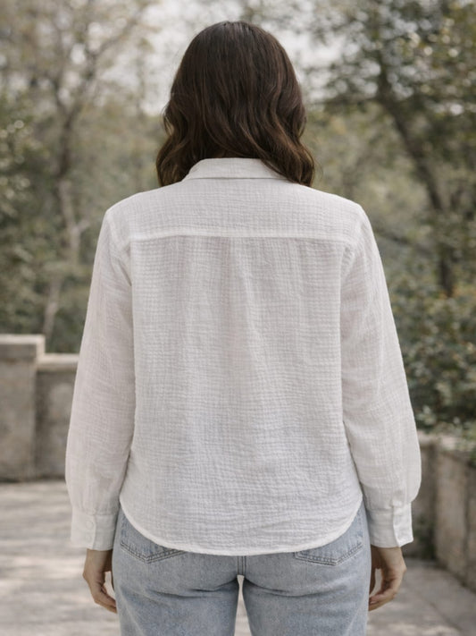 Women’s Crinkle Muslin Shirt | Lightweight Button-Down Casual Shirt with Collar & Full Sleeves