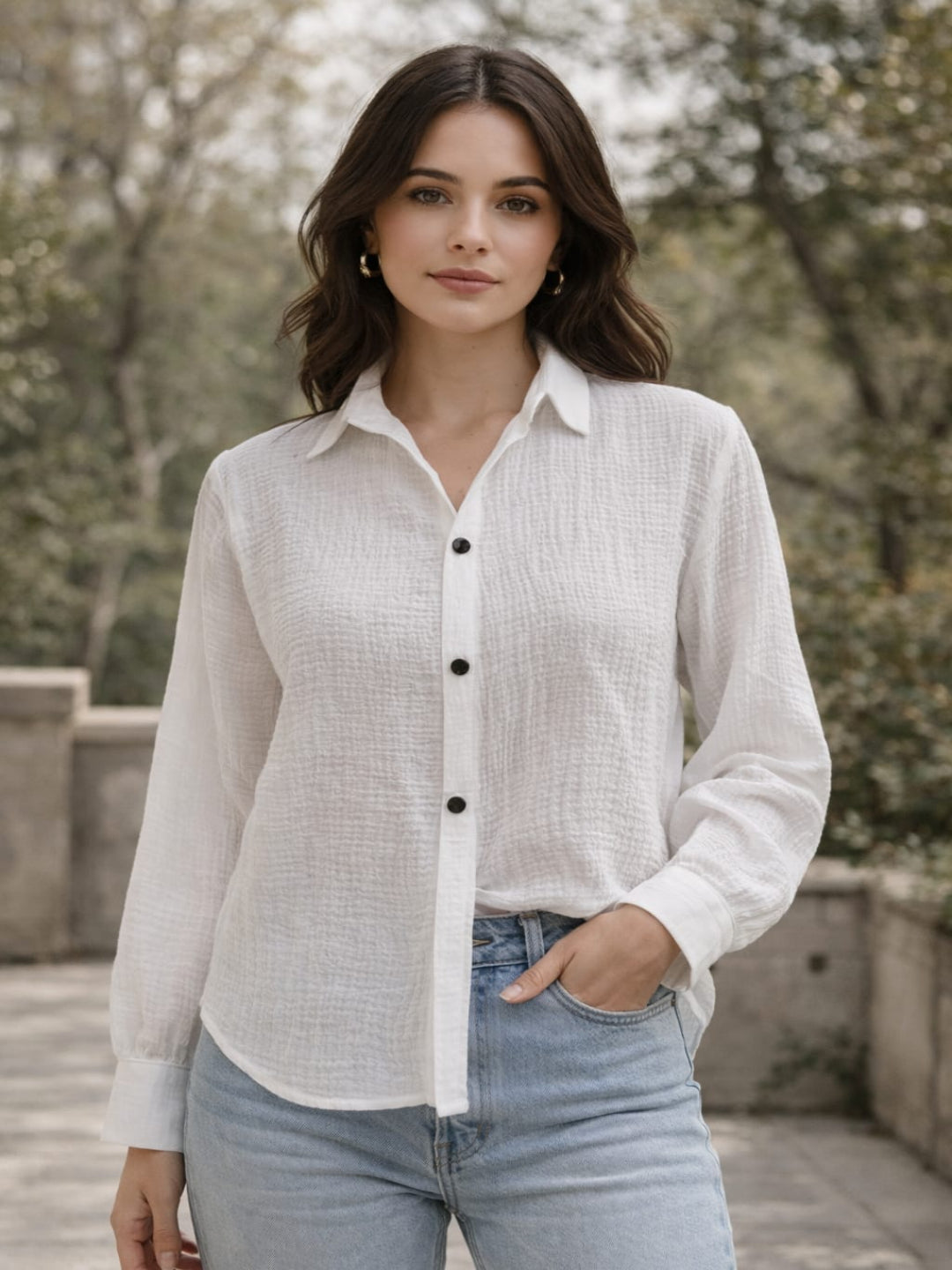 Women’s Crinkle Muslin Shirt | Lightweight Button-Down Casual Shirt with Collar & Full Sleeves